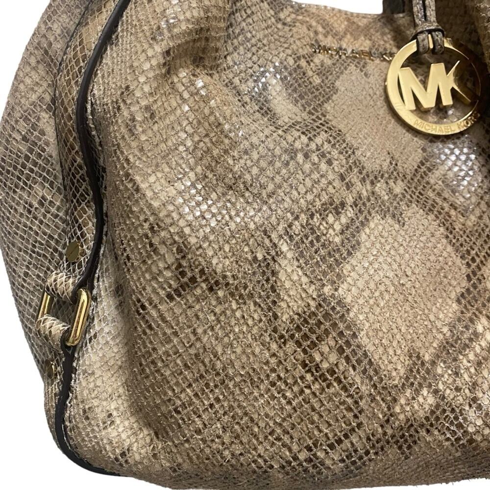 Michael Kors Beige Python Effect Leather and Suede Bedford Hobo Purse Tote Bag - Picture 3 of 16